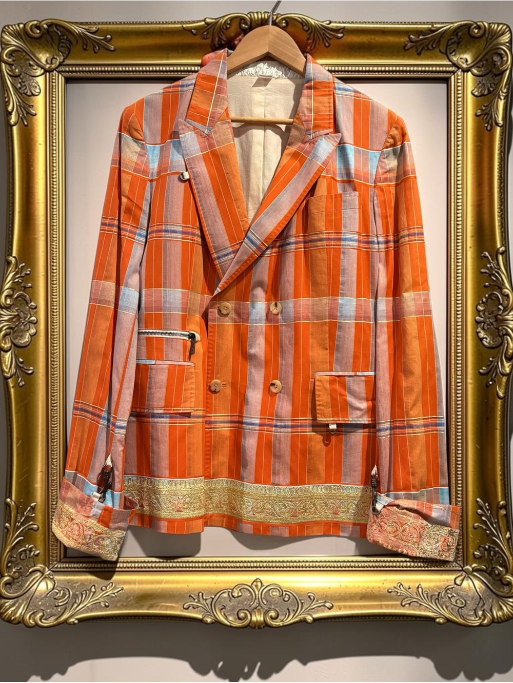 $2400 Archival John Galliano Metallic Trim Orange Plaid Blazer IT 48 / US 38